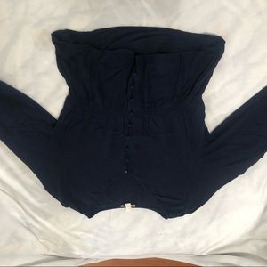 A blue ruffle blouse